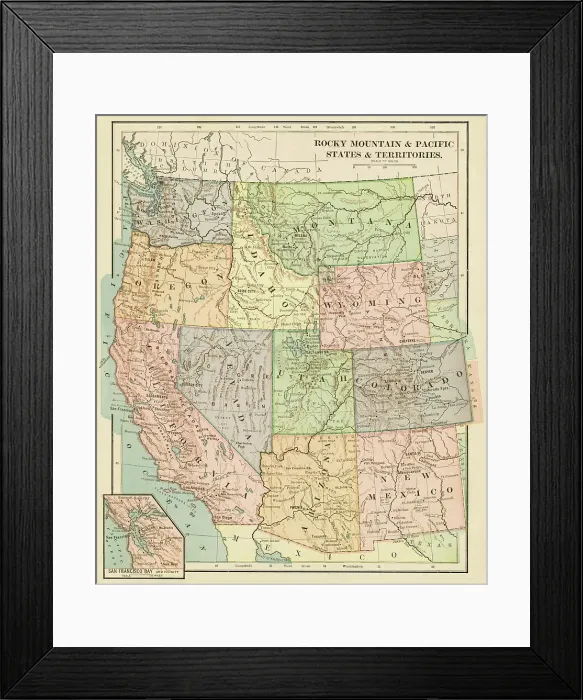 Framed Print : Map of the Pacific states USA 1899
