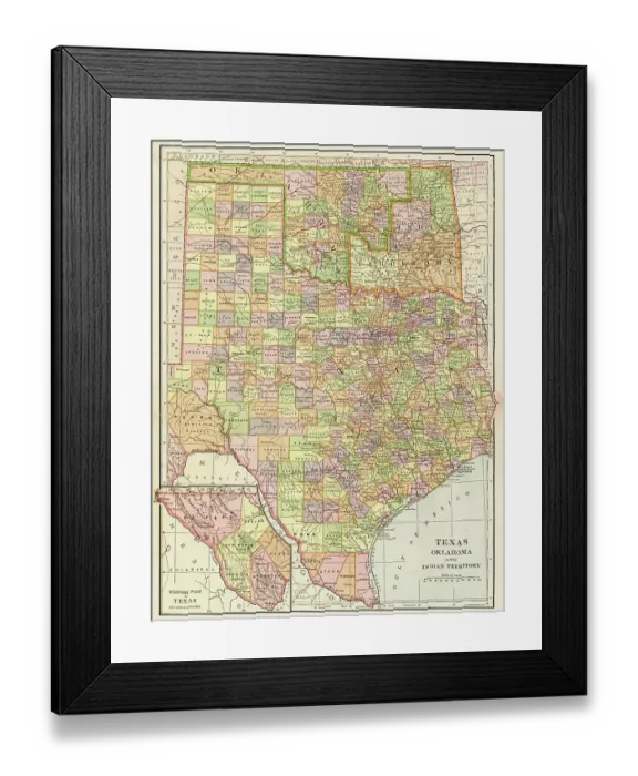 Framed Print : Map Texas Oklahoma 1899 Framed Print : Map Texas Oklahoma 1899