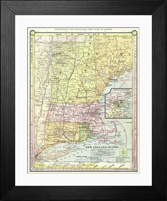 Framed Print : Map of New England 1886 Framed Print : Map of New England 1886