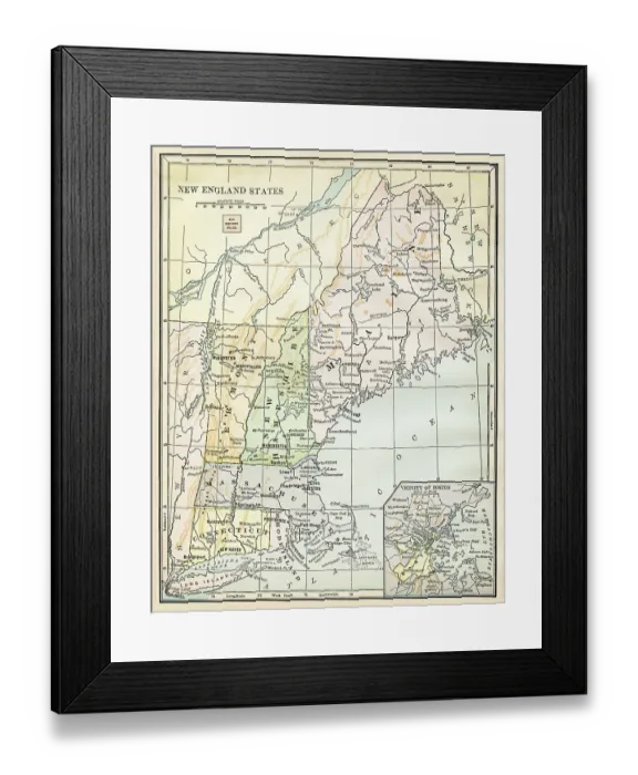 Framed Print : Map of New England 1888 Framed Print : Map of New England 1888