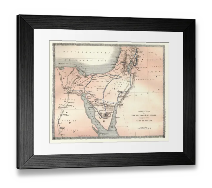 Framed Print : Antique map showing the journeyings of the Children of Israel from Egypt to the land of Canaam, Victorian 1860s Framed Print : Antique map showing the journeyings of the Children of Israel from Egypt to the land of Canaam, Victorian 1860s