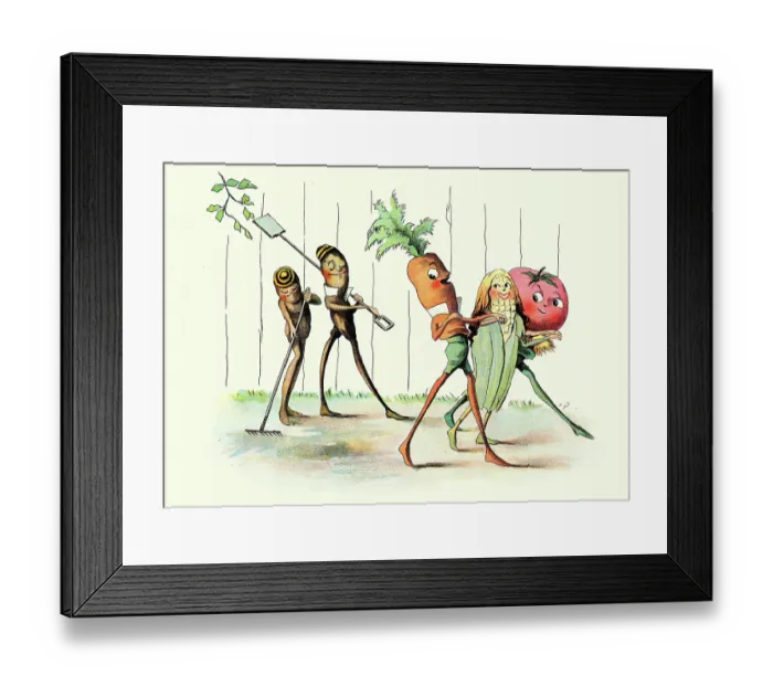 Framed Print : Fairy tale, Magical creatures, Runner bean, Carrot, Corn on cob, Tomato, The Vege-men's revenge, children's book illustration, Florence K Upton, 1890s Framed Print : Fairy tale, Magical creatures, Runner bean, Carrot, Corn on cob, Tomato, The Vege-men's revenge, children's book illustration, Florence K Upton, 1890s