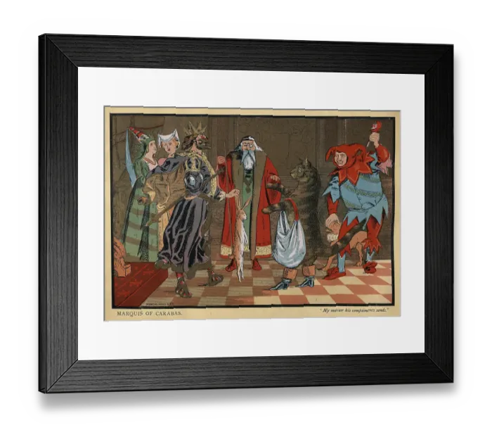 Framed Print : Illustrated Fairy tales, Mythology, Puss in Boots before the king, Jester, Vintage Illustration, 19th Century