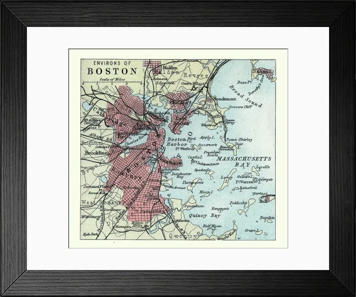 Framed Print : Old antique map of Boston, Massachusetts, USA, Massachusetts Bay, 1890s, 19th Century Framed Print : Old antique map of Boston, Massachusetts, USA, Massachusetts Bay, 1890s, 19th Century