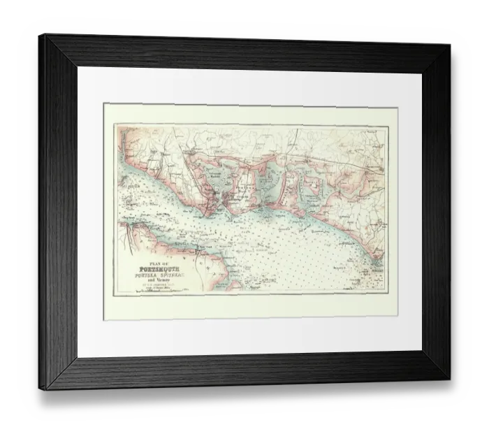 Framed Print : Antique Map of Portsmouth, Portsea and Spithead, England, 1880 Framed Print : Antique Map of Portsmouth, Portsea and Spithead, England, 1880