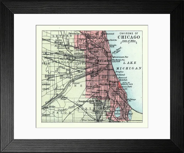 Framed Print : Old antique map of Chicago, on Lake Michigan in Illinois, USA, 1890s, 19th Century Framed Print : Old antique map of Chicago, on Lake Michigan in Illinois, USA, 1890s, 19th Century