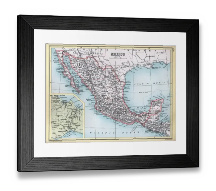 Framed Print : Old antique map of Mexico in the 1890s, 19th Century Framed Print : Old antique map of Mexico in the 1890s, 19th Century