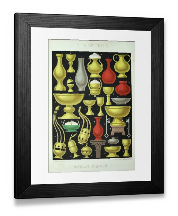 Framed Print : Medieval furniture and decor, French 12th to 13th Century, Vase, Urns, Lamps, Censer, keys, Vintage illustration Framed Print : Medieval furniture and decor, French 12th to 13th Century, Vase, Urns, Lamps, Censer, keys, Vintage illustration