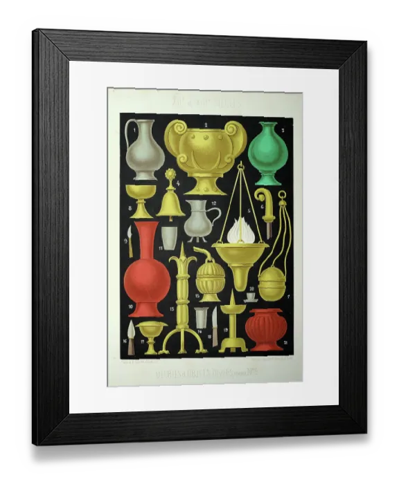 Framed Print : Medieval furniture and decor, French 12th to 13th Century, Vase, Urns, Lamps, Censer, Vintage illustration