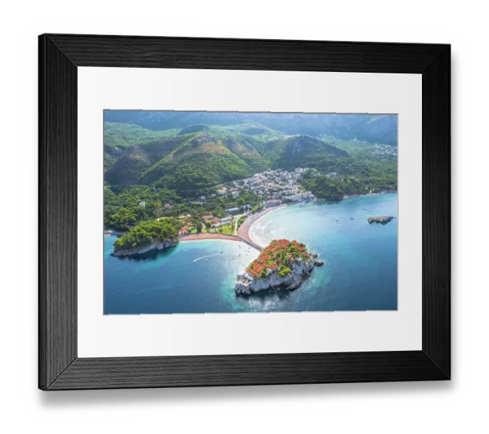 Framed Print : Aerial view of Sveti Stefan island, Budva, Montenegro Framed Print : Aerial view of Sveti Stefan island, Budva, Montenegro