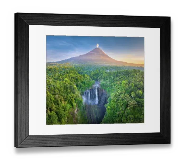 Framed Print : Tumpak Sewu Waterfall with Semeru Volcano, East Java, Indonesia Framed Print : Tumpak Sewu Waterfall with Semeru Volcano, East Java, Indonesia