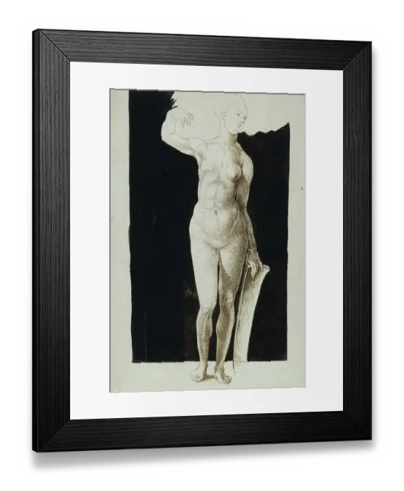 Framed Print : Proportion study of female nude with a shield, 1500. Artist: Dürer, Albrecht (1471-1528) Framed Print : Proportion study of female nude with a shield, 1500. Artist: Dürer, Albrecht (1471-1528)