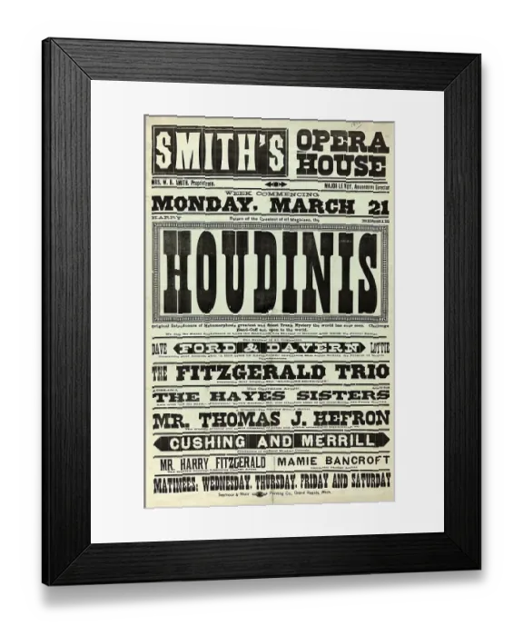 Framed Print : Houdini Poster for Performance at Smith's Opera House Framed Print : Houdini Poster for Performance at Smith's Opera House