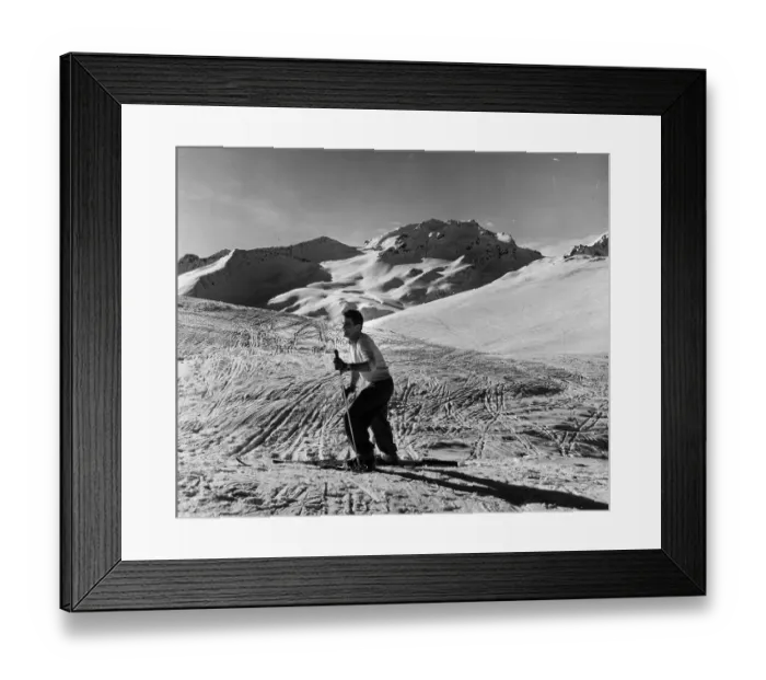 Framed Print : Ski Time. 12th February 1955: A skier on the slopes at Klosters Framed Print : Ski Time. 12th February 1955: A skier on the slopes at Klosters