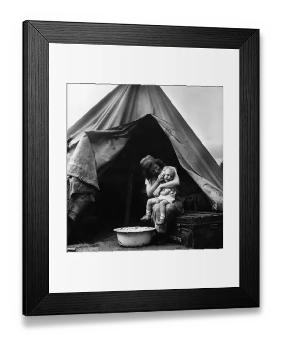 Framed Print : Gypsies. A mother washes her child at a gypsy camp in Corke's Meadow, Kent Framed Print : Gypsies. A mother washes her child at a gypsy camp in Corke's Meadow, Kent