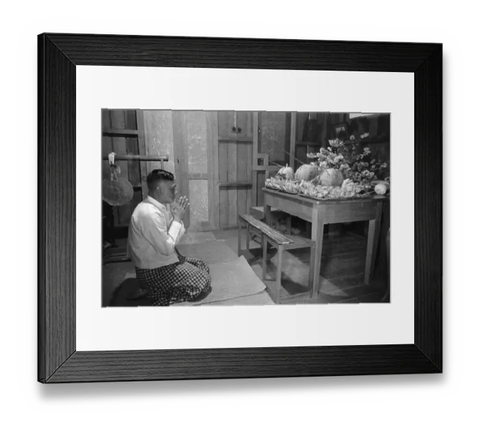 Framed Print : U Nu, prime minister of Burma, praying in the Buddhist shrine in one room Framed Print : U Nu, prime minister of Burma, praying in the Buddhist shrine in one room