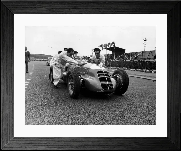Framed Print : Man Power. 24th May 1947: Mechanics giving Louis Chiron's Maserati a push