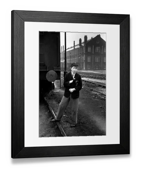 Framed Print : Train Boy. 1952: A trainspotting schoolboy waiting at a railway siding Framed Print : Train Boy. 1952: A trainspotting schoolboy waiting at a railway siding