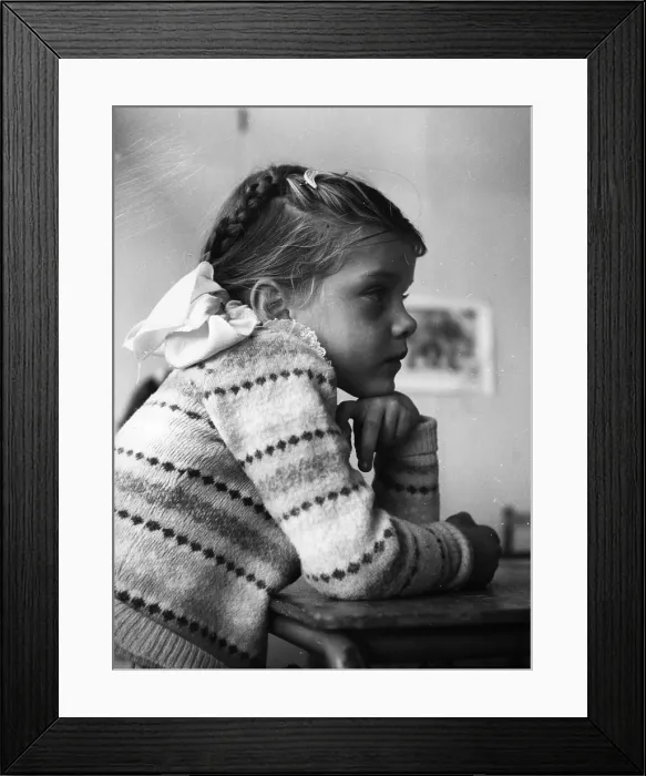 Framed Print : First Day. 27th September 1952: A girl endures her first day at school Framed Print : First Day. 27th September 1952: A girl endures her first day at school