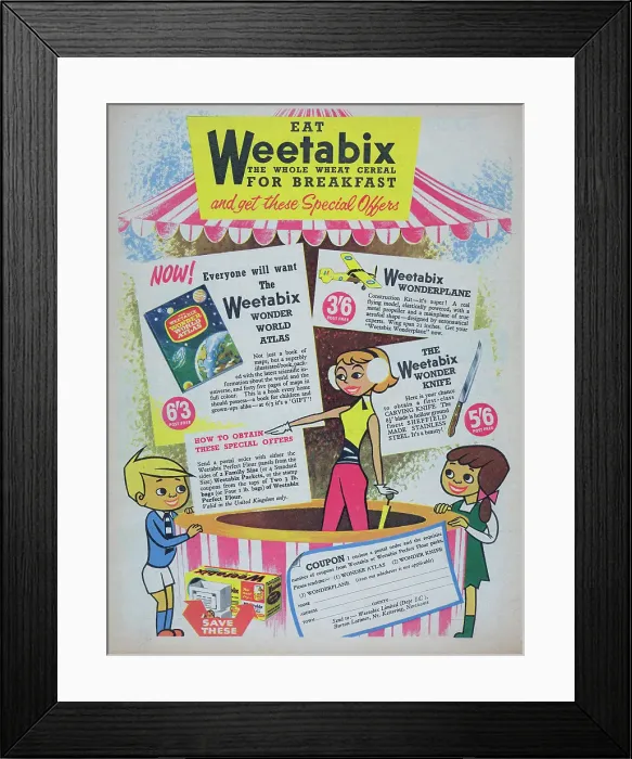 Framed Print : Weetabix. 1957: Advertisement for the Weetabix breakfast cereal showing Framed Print : Weetabix. 1957: Advertisement for the Weetabix breakfast cereal showing