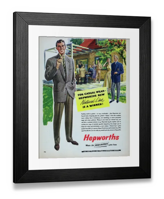 Framed Print : Hepworths. 1957: Advertisement for the Hepworths clothing store showing men wearing suits