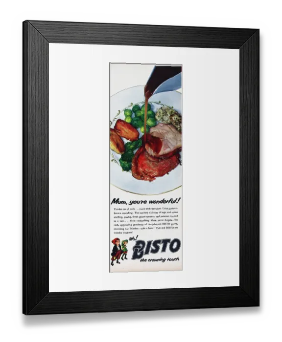 Framed Print : Bisto. 1957: Bisto gravy pouring from a gravy boat onto roasted pork Framed Print : Bisto. 1957: Bisto gravy pouring from a gravy boat onto roasted pork