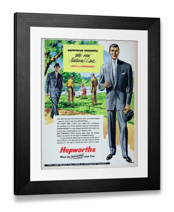 Framed Print : Hepworths. 1957: A man wears a suit from the Hepworths the new natural Framed Print : Hepworths. 1957: A man wears a suit from the Hepworths the new natural