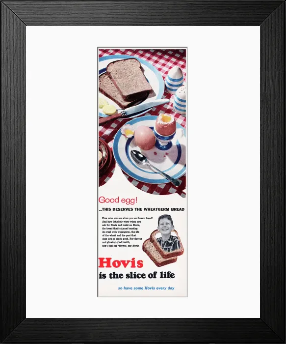 Framed Print : Good Egg!. 1957: Advertisement for Hovis wheatgerm bread showing two boiled eggs Framed Print : Good Egg!. 1957: Advertisement for Hovis wheatgerm bread showing two boiled eggs