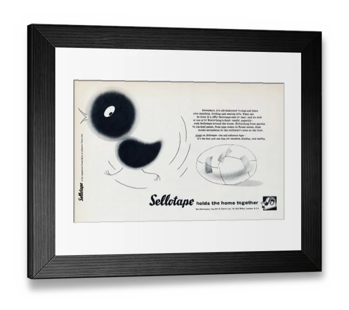 Framed Print : Sellotape. 1957: Advertisement for Sellotape adhesive tape showing a bird Framed Print : Sellotape. 1957: Advertisement for Sellotape adhesive tape showing a bird