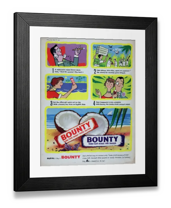 Framed Print : Bounty. 1957: A cartoon format advertisement depicting a quest to find Framed Print : Bounty. 1957: A cartoon format advertisement depicting a quest to find