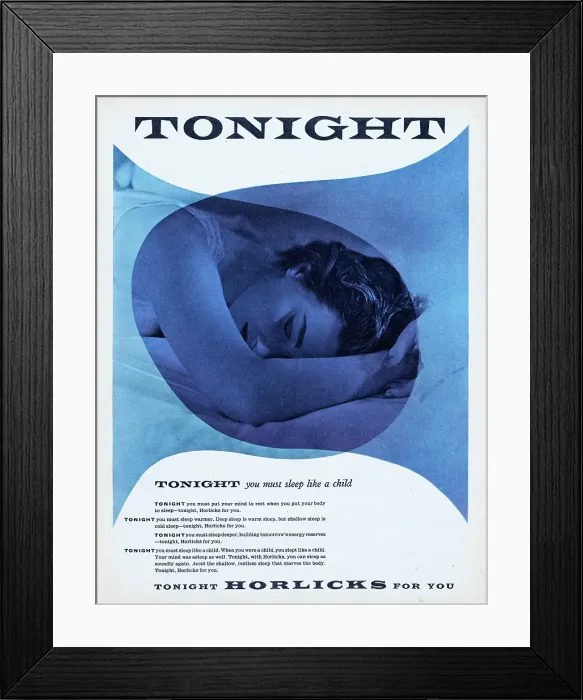 Framed Print : Horlicks. 1957: Tonight you must sleep like a child reads the caption as