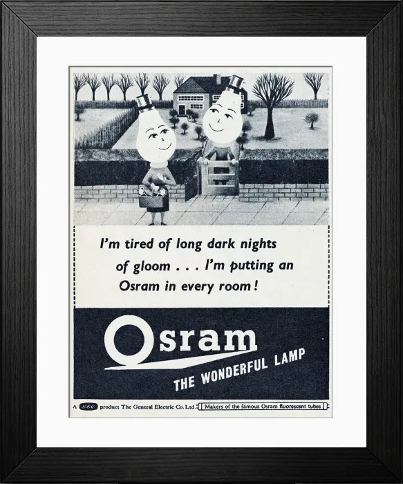 Framed Print : Osram. 1957: Two figures with light bulbs for heads chat over a garden Framed Print : Osram. 1957: Two figures with light bulbs for heads chat over a garden