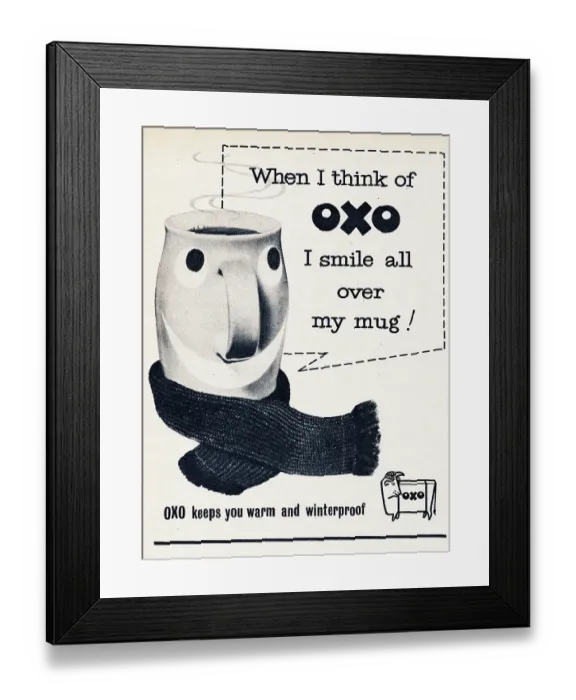 Framed Print : Oxo. 1957: A scarf wrapped mug containing Oxo beef stock with the caption Framed Print : Oxo. 1957: A scarf wrapped mug containing Oxo beef stock with the caption