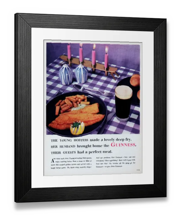 Framed Print : Guinness. 1957: A table setting showing fish and chips Framed Print : Guinness. 1957: A table setting showing fish and chips