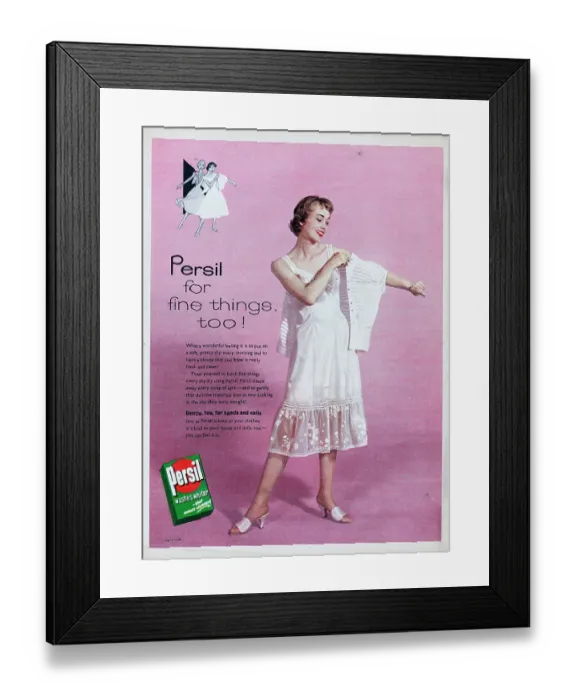 Framed Print : Persil. 1957: A woman wearing a slip and blouse with the caption Persil Framed Print : Persil. 1957: A woman wearing a slip and blouse with the caption Persil