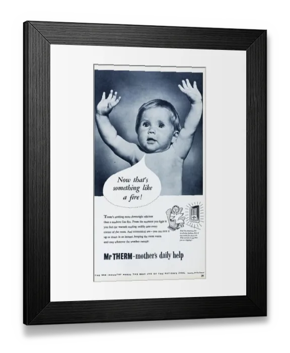 Framed Print : Mr Therm. 1956: A baby raising his arms with the caption Now that's something like a fire Framed Print : Mr Therm. 1956: A baby raising his arms with the caption Now that's something like a fire
