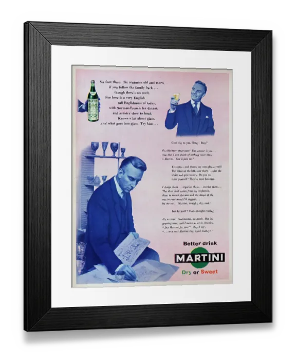 Framed Print : Martini. 1956: Advertisement for Martini vermouth featuring Thomas Percy