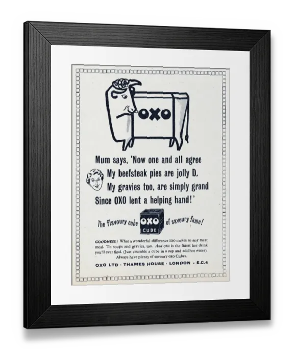 Framed Print : Oxo Cubes. 1956: Advertisement for Oxo stock cubes featuring the Oxo cow logo Framed Print : Oxo Cubes. 1956: Advertisement for Oxo stock cubes featuring the Oxo cow logo