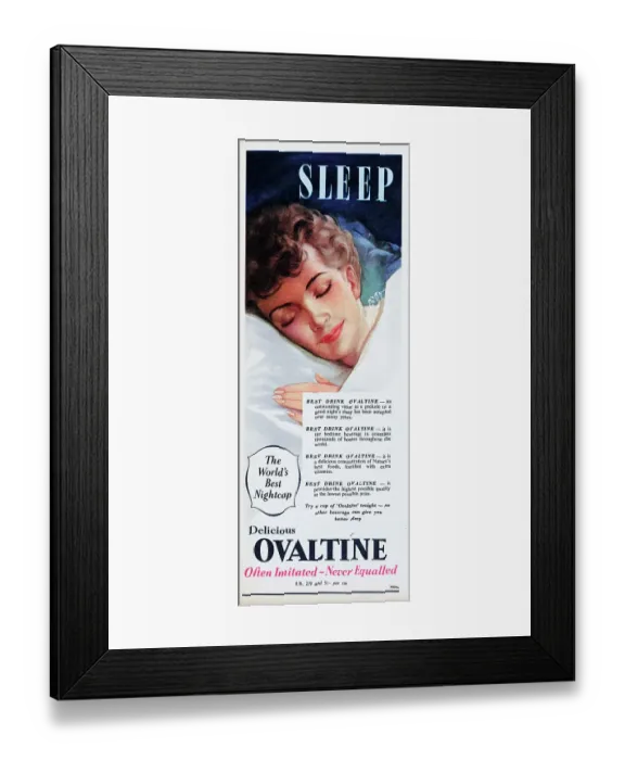 Framed Print : Ovaltine. 1956: Advertisement for the Ovaltine malt drink showing a woman sleeping in bed Framed Print : Ovaltine. 1956: Advertisement for the Ovaltine malt drink showing a woman sleeping in bed