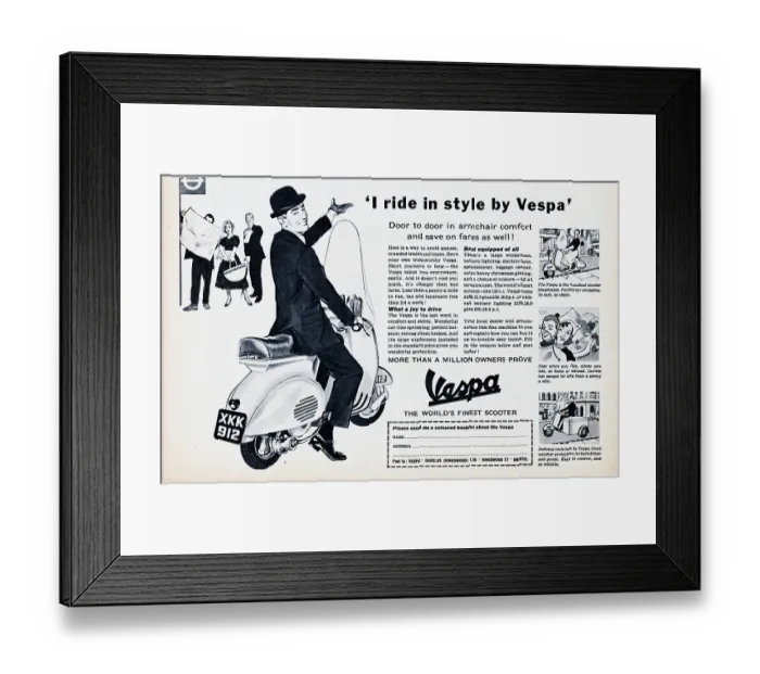Framed Print : Vespa. 1956: Advertisement for Vespa showing a well-dressed businessman Framed Print : Vespa. 1956: Advertisement for Vespa showing a well-dressed businessman