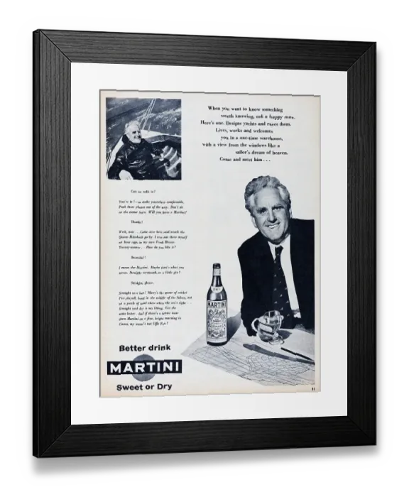 Framed Print : Uffa Fox. 1956: Advertisement for Martini vermouth featuring English boat Framed Print : Uffa Fox. 1956: Advertisement for Martini vermouth featuring English boat