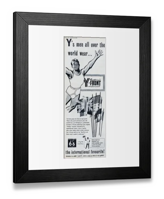 Framed Print : Y-Front. 1956: Advertisement for Coopers Y-Front men's briefs with the Framed Print : Y-Front. 1956: Advertisement for Coopers Y-Front men's briefs with the