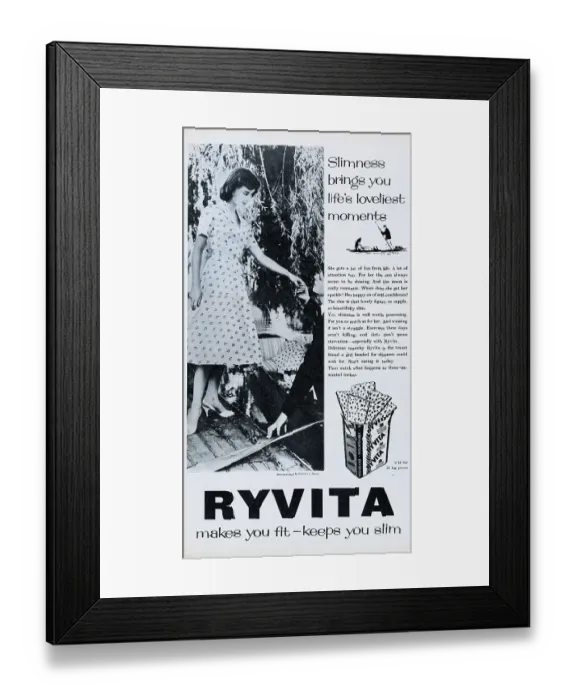 Framed Print : Ryvita. 1956: Advertisement for the rye-based crispbread, Ryvita, showing a young woman Framed Print : Ryvita. 1956: Advertisement for the rye-based crispbread, Ryvita, showing a young woman