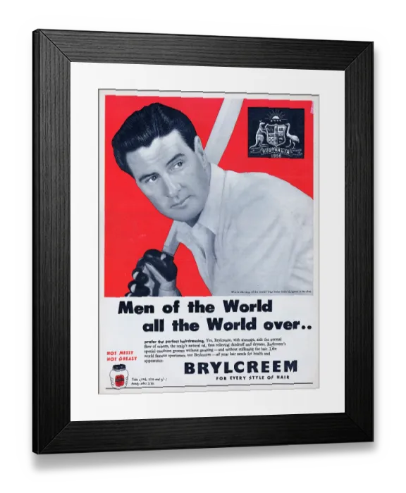 Framed Print : Brylcreem. 1956: Advertisement for Brylcreem featuring Australian test Framed Print : Brylcreem. 1956: Advertisement for Brylcreem featuring Australian test