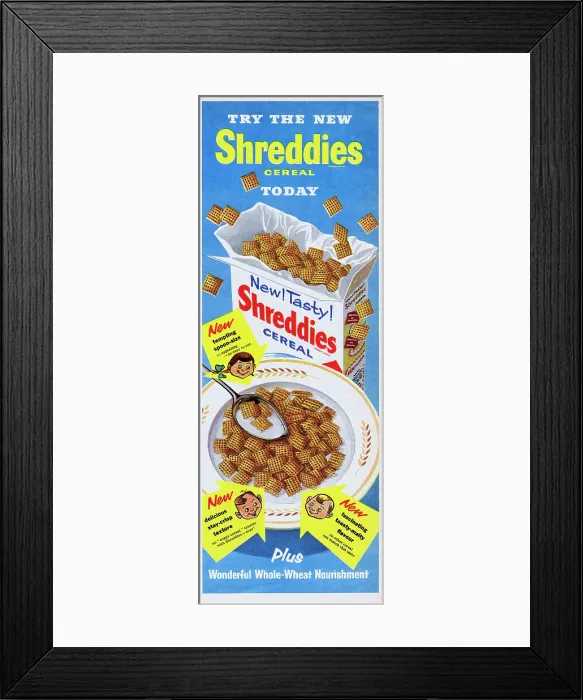 Framed Print : Shreddies. 1956: Advertisement for Shreddies breakfast cereal with the Framed Print : Shreddies. 1956: Advertisement for Shreddies breakfast cereal with the