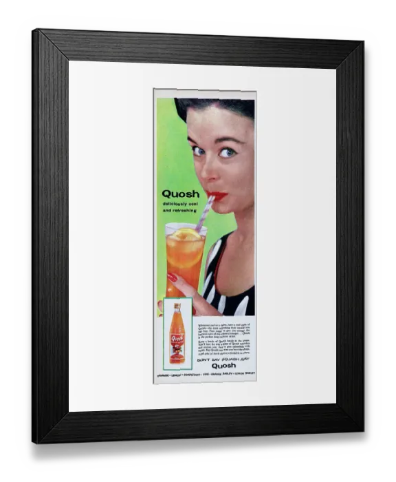 Framed Print : Quosh. 1956: Advertisement for Quosh Orange Squash with the caption Quosh Framed Print : Quosh. 1956: Advertisement for Quosh Orange Squash with the caption Quosh