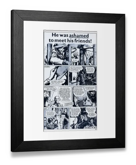 Framed Print : Horlicks. 1956: Advertisement for Horlicks featuring a storyboard showing Framed Print : Horlicks. 1956: Advertisement for Horlicks featuring a storyboard showing