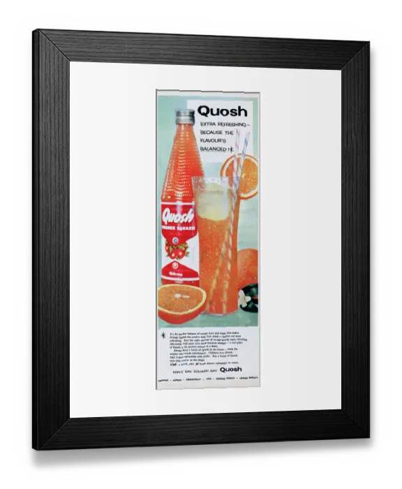Framed Print : Quosh. 1956: Advertisement for Quosh Orange Squash with the caption Extra
