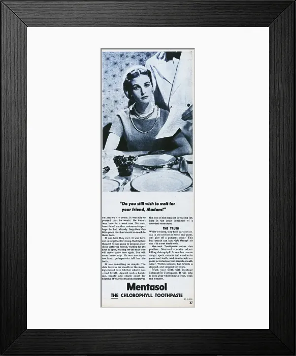 Framed Print : Mentasol. 1956: Advertisement for Mentasol chlorophyll toothpaste showing Framed Print : Mentasol. 1956: Advertisement for Mentasol chlorophyll toothpaste showing