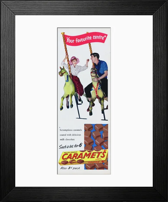 Framed Print : Caramets. 1956: Advertisement for Fry's Milk Chocolate Caramets showing Framed Print : Caramets. 1956: Advertisement for Fry's Milk Chocolate Caramets showing